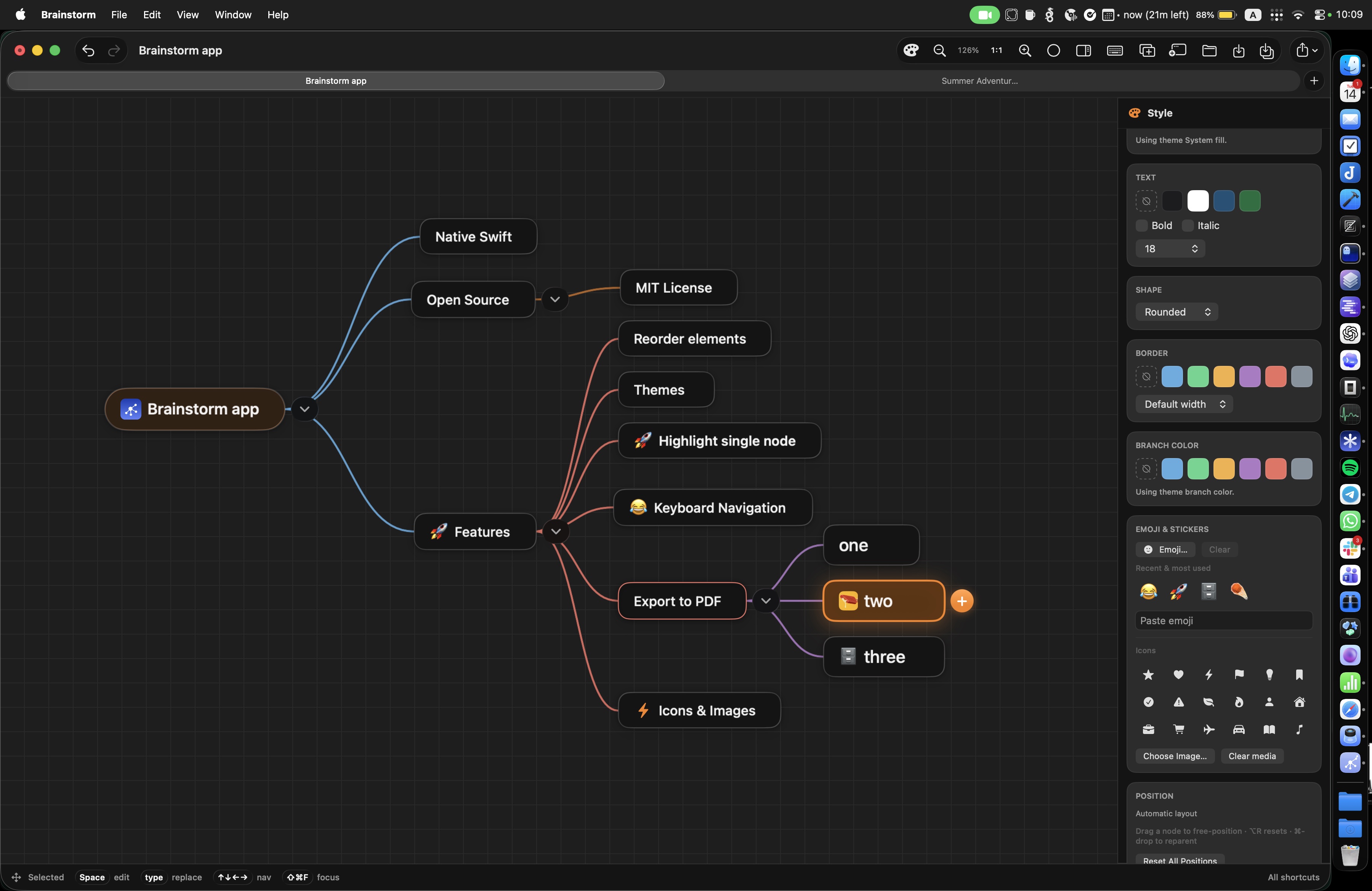 Brainstorm macOS app showing a mind map, toolbar, tabs, theme controls, icon picker, and style inspector